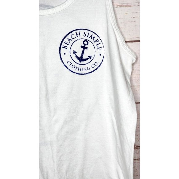 Beach Simple Logo Cotton Blend U.S.A Made Small White Blue Graphics Tank Top - Picture 3 of 8